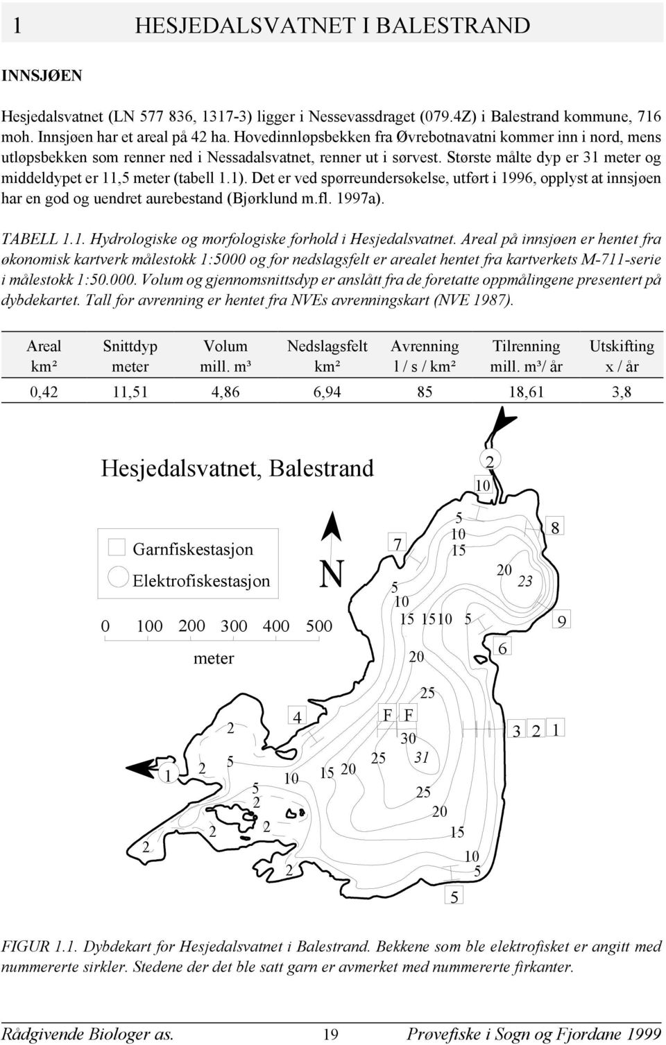 Det er ved spørreundersøkelse, utført i 99, opplyst at innsjøen har en god og uendret aurebestand (Bjørklund m.fl. 997a). TABELL.. Hydrologiske og morfologiske forhold i Hesjedalsvatnet.