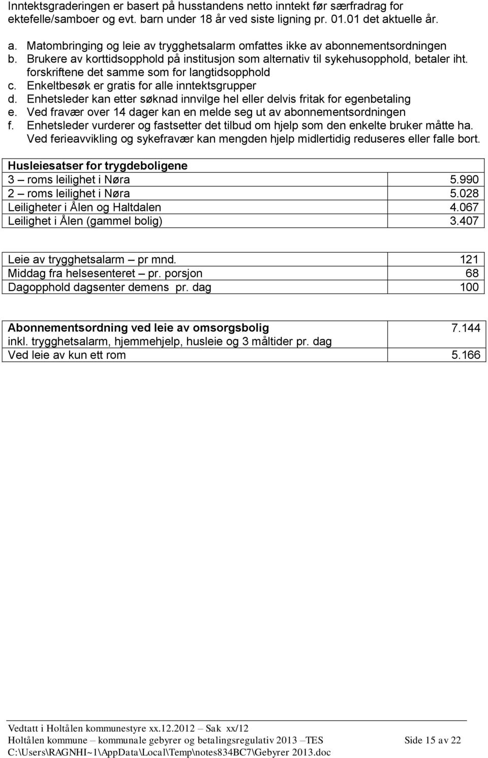 forskriftene det samme som for langtidsopphold c. Enkeltbesøk er gratis for alle inntektsgrupper d. Enhetsleder kan etter søknad innvilge hel eller delvis fritak for egenbetaling e.