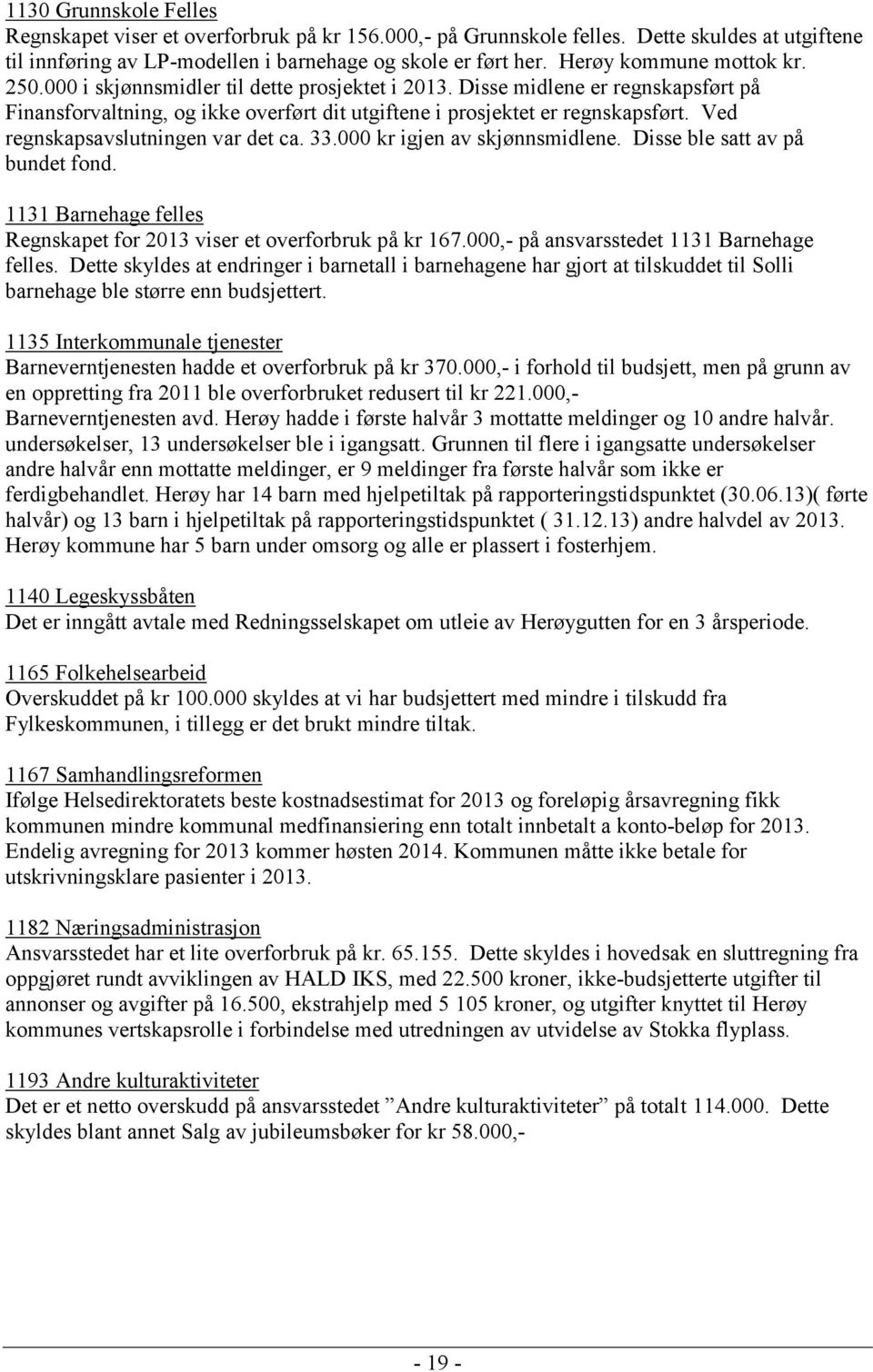 Ved regnskapsavslutningen var det ca. 33.000 kr igjen av skjønnsmidlene. Disse ble satt av på bundet fond. 1131 Barnehage felles Regnskapet for 2013 viser et overforbruk på kr 167.