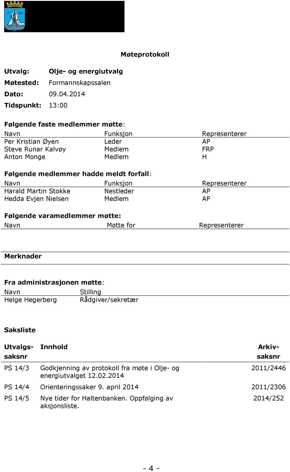 forfall: Navn Funksjon Representerer Harald Martin Stokke Nestleder AP Hedda Evjen Nielsen Medlem AP Følgende varamedlemmer møtte: Navn Møtte for Representerer Merknader Fra administrasjonen