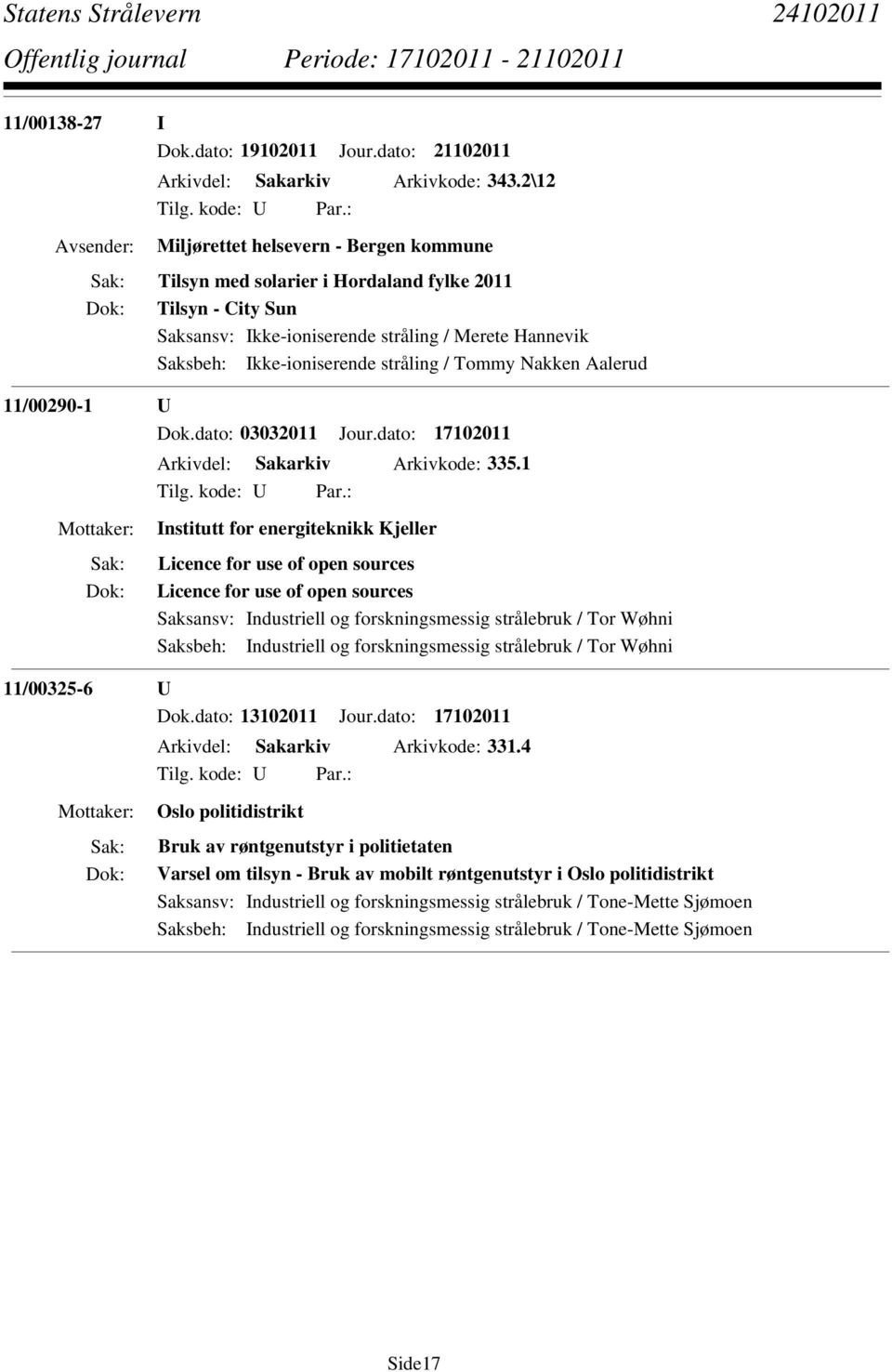 Tommy Nakken Aalerud 11/00290-1 U Dok.dato: 03032011 Jour.dato: 17102011 Arkivdel: Sakarkiv Arkivkode: 335.