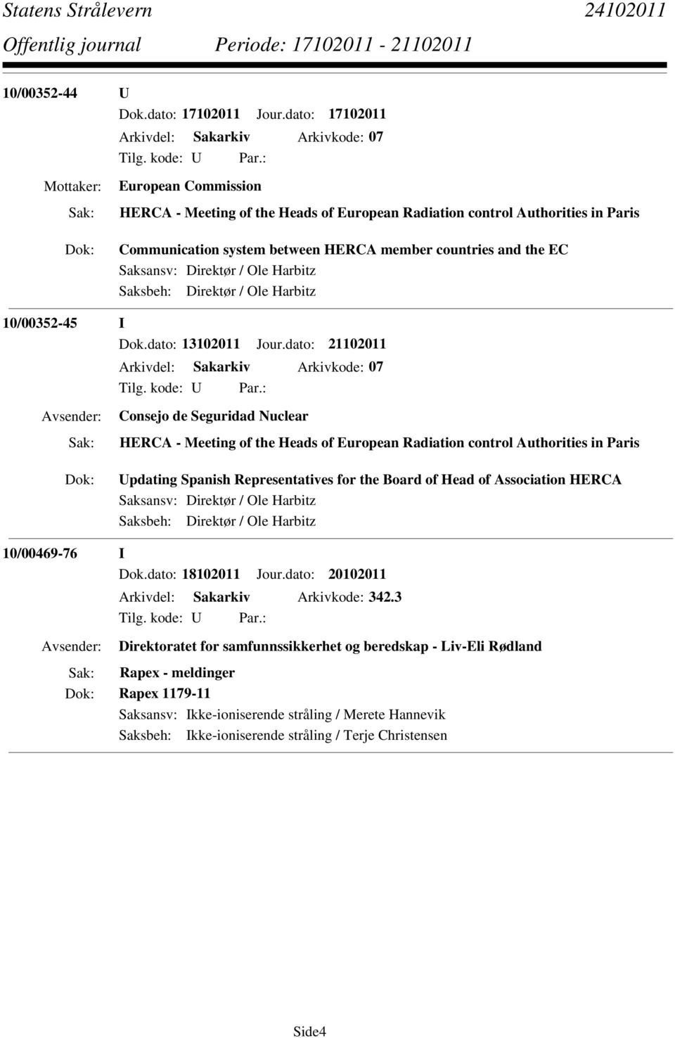 and the EC Saksansv: Direktør / Ole Harbitz Saksbeh: Direktør / Ole Harbitz 10/00352-45 I Dok.dato: 13102011 Jour.