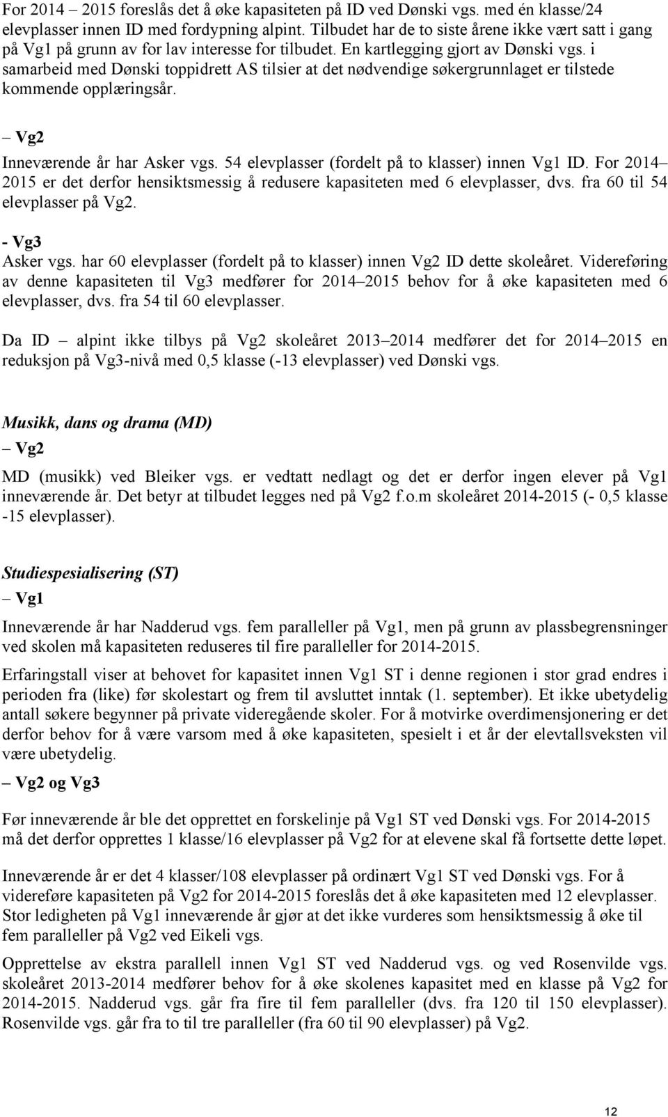 i samarbeid med Dønski toppidrett AS tilsier at det nødvendige søkergrunnlaget er tilstede kommende opplæringsår. Vg2 Inneværende år har Asker vgs. 54 elevplasser (fordelt på to klasser) innen Vg1 ID.