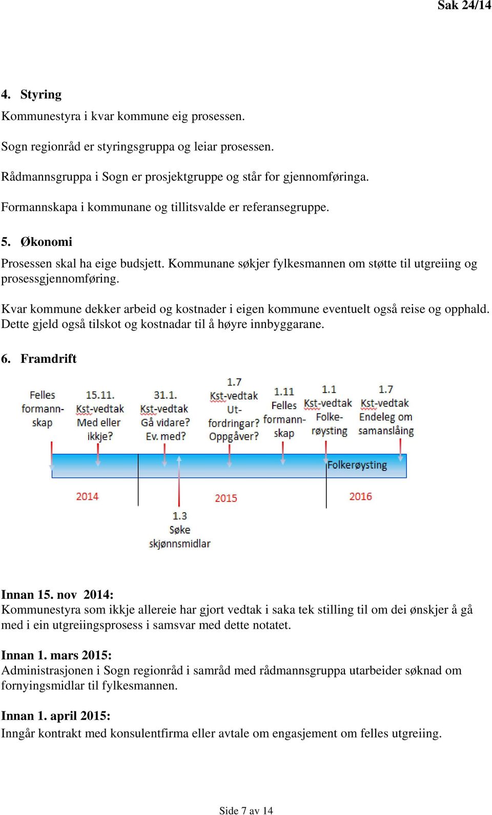 Kvar kommune dekker arbeid og kostnader i eigen kommune eventuelt også reise og opphald. Dette gjeld også tilskot og kostnadar til å høyre innbyggarane. 6. Framdrift Innan 15.