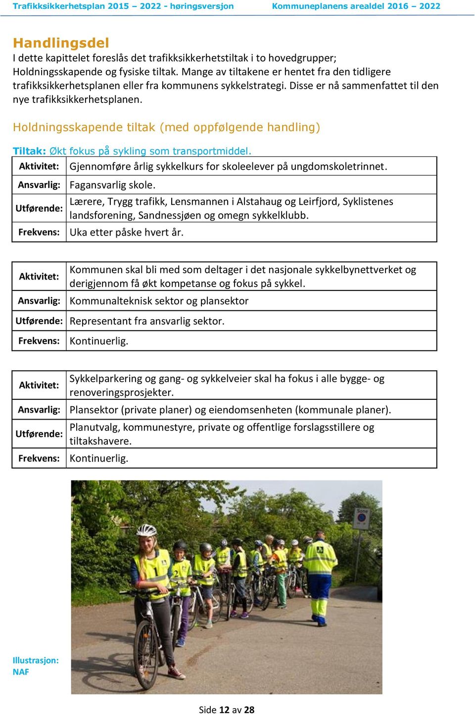 Holdningsskapende tiltak (med oppfølgende handling) Tiltak: Økt fokus på sykling som transportmiddel. Aktivitet: Gjennomføre årlig sykkelkurs for skoleelever på ungdomskoletrinnet.