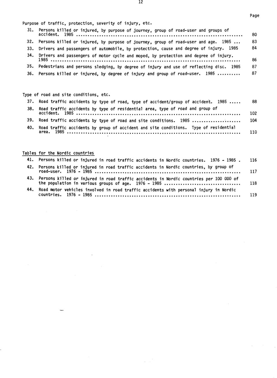 Drivers and passengers of motor cycle and moped, by protection and degree of injury. 1985 86 35. Pedestrians and persons sledging, by degree of injury and use of reflecting disc. 1985 87 36.