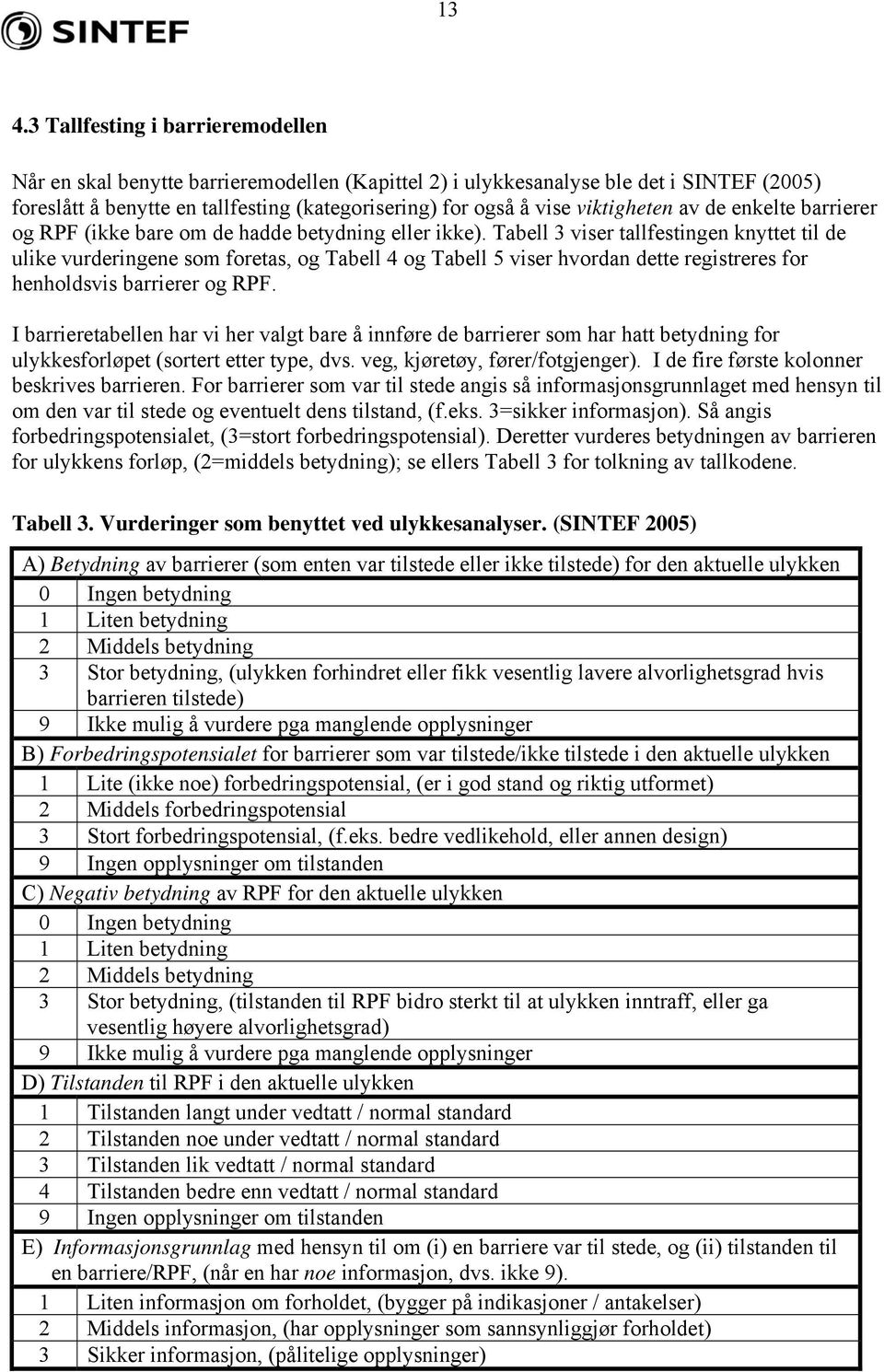 Tabell 3 viser tallfestingen knyttet til de ulike vurderingene som foretas, og Tabell 4 og Tabell 5 viser hvordan dette registreres for henholdsvis barrierer og RPF.