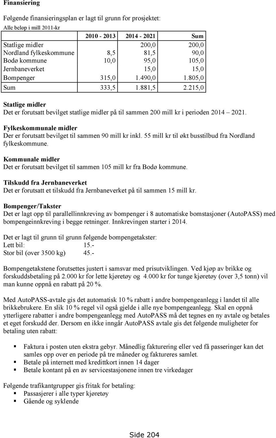 215,0 Statlige midler Det er forutsatt bevilget statlige midler på til sammen 200 mill kr i perioden 2014 2021. Fylkeskommunale midler Der er forutsatt bevilget til sammen 90 mill kr inkl.