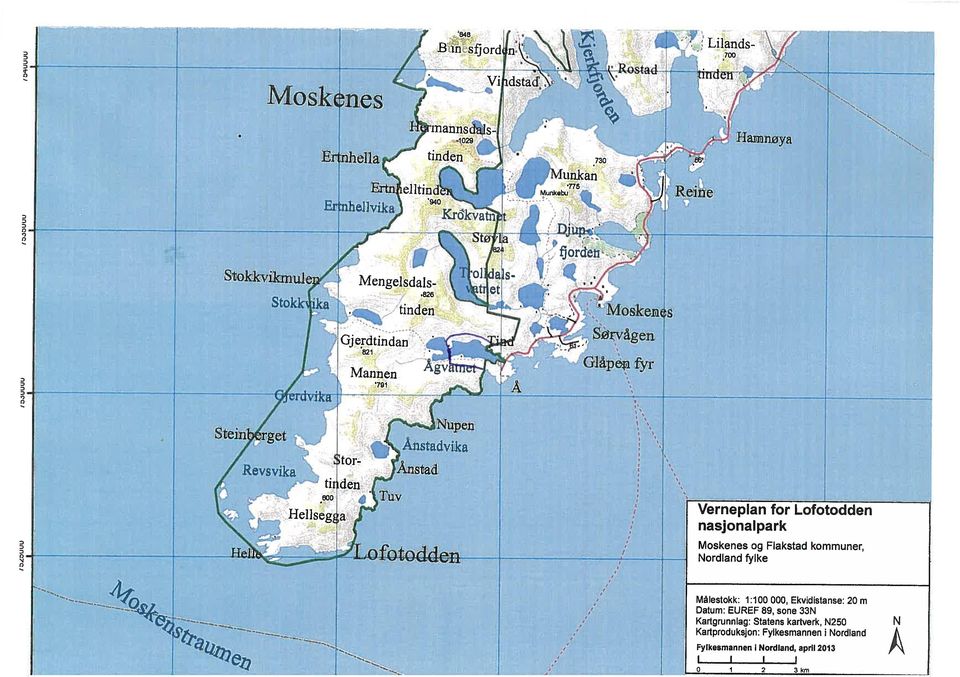 Lofotodden nasjonalpark Moskenes og Flakstad kommuner, Nordland fylke Màlestokk: 1:100000, Ekvidistanse: 20 m Datum: EUREF 89,