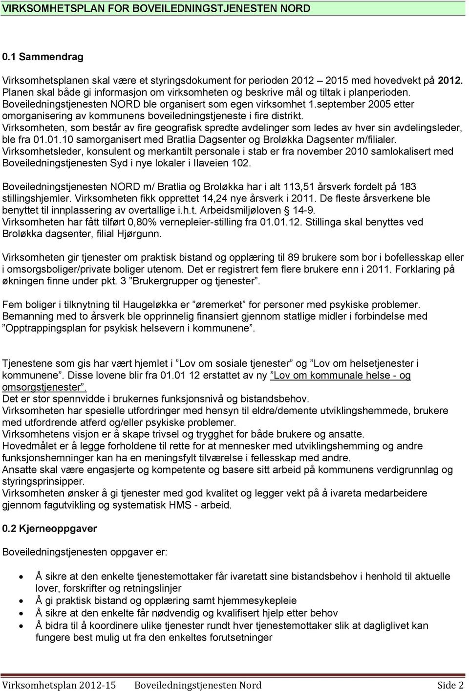 september 2005 etter omorganisering av kommunens boveiledningstjeneste i fire distrikt. Virksomheten, som består av fire geografisk spredte avdelinger som ledes av hver sin avdelingsleder, ble fra 01.