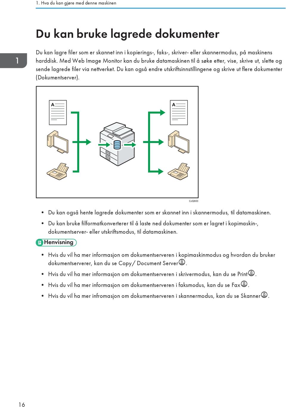 Du kan også endre utskriftsinnstillingene og skrive ut flere dokumenter (Dokumentserver). CJQ603 Du kan også hente lagrede dokumenter som er skannet inn i skannermodus, til datamaskinen.