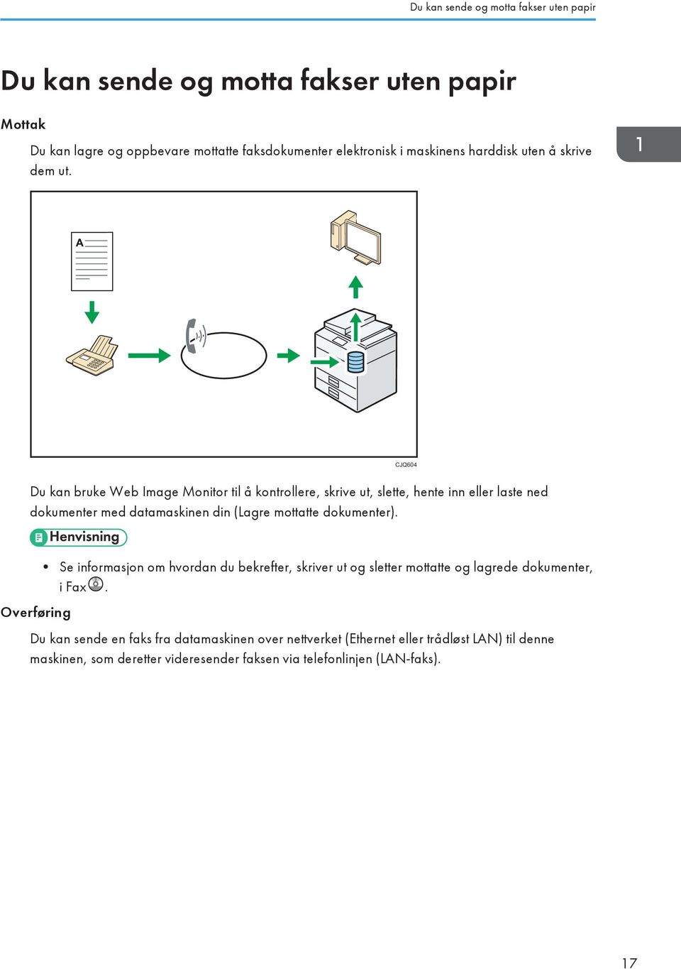 CJQ604 Du kan bruke Web Image Monitor til å kontrollere, skrive ut, slette, hente inn eller laste ned dokumenter med datamaskinen din (Lagre mottatte