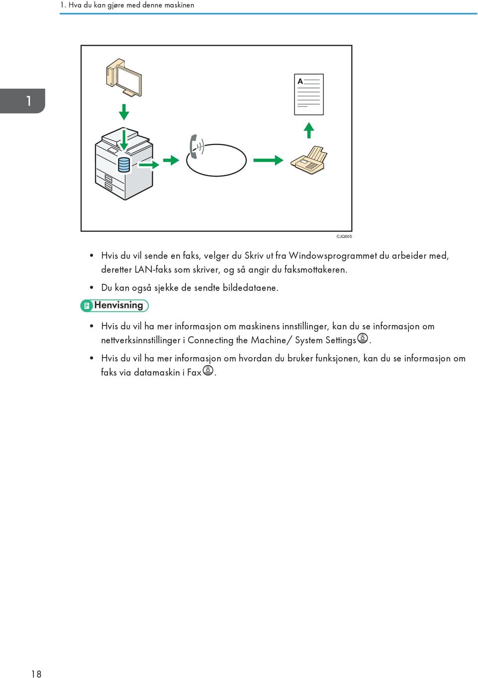 Hvis du vil ha mer informasjon om maskinens innstillinger, kan du se informasjon om nettverksinnstillinger i Connecting the