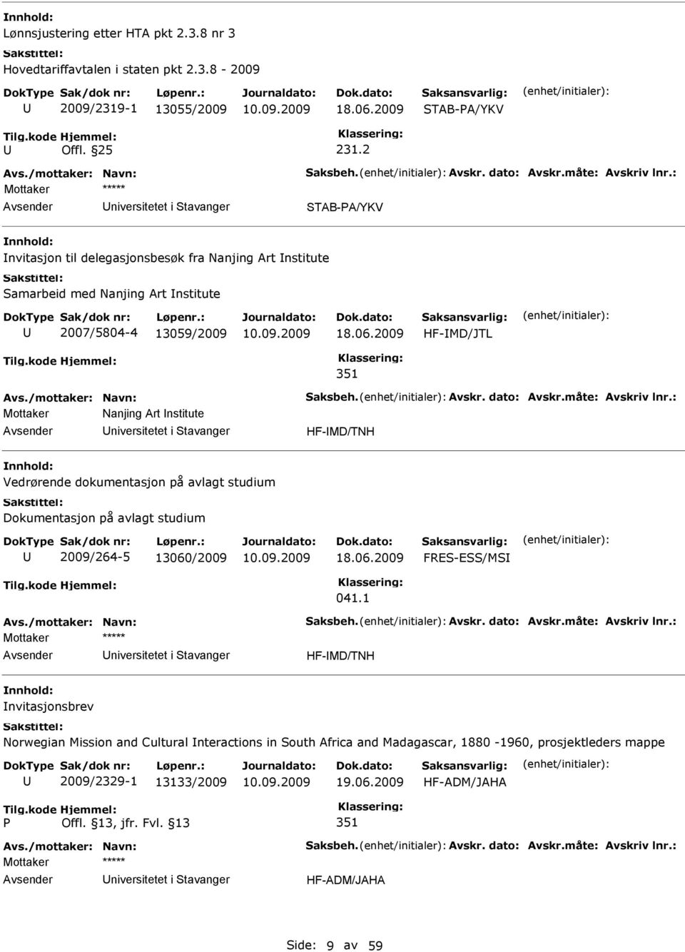 2009 HF-MD/JTL 351 Mottaker Nanjing Art nstitute niversitetet i tavanger HF-MD/TNH Vedrørende dokumentasjon på avlagt studium Dokumentasjon på avlagt studium 2009/264-5 13060