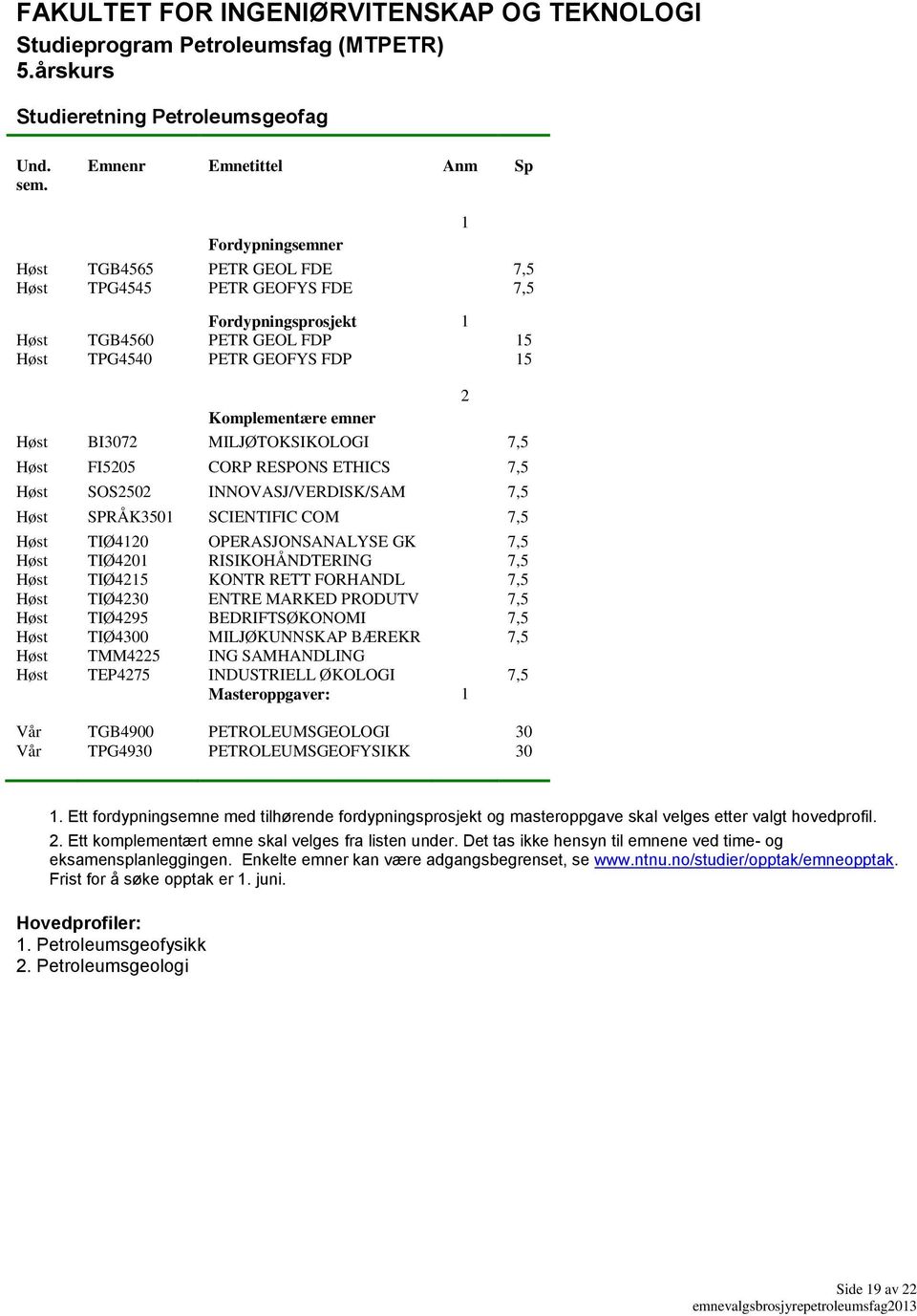 MILJØTOKSIKOLOGI FI5205 CORP RESPONS ETHICS SOS2502 INNOVASJ/VERDISK/SAM SPRÅK3501 SCIENTIFIC COM TIØ4120 OPERASJONSANALYSE GK TIØ4201 RISIKOHÅNDTERING TIØ4215 KONTR RETT FORHANDL TIØ4230 ENTRE