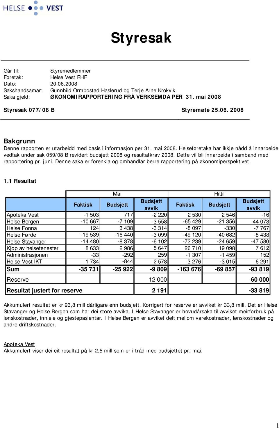 Helseføretaka har ikkje nådd å innarbeide vedtak under sak 59/8 B revidert budsjett 28 og resultatkrav 28. Dette vil bli innarbeida i samband med rapportering pr. juni.