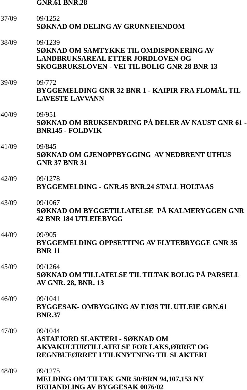 BYGGEMELDING GNR 32 BNR 1 - KAIPIR FRA FLOMÅL TIL LAVESTE LAVVANN 40/09 09/951 SØKNAD OM BRUKSENDRING PÅ DELER AV NAUST GNR 61 - BNR145 - FOLDVIK 41/09 09/845 SØKNAD OM GJENOPPBYGGING AV NEDBRENT