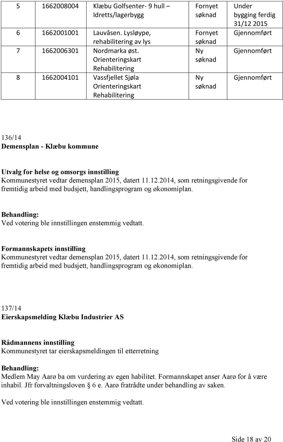 Demensplan - Klæbu kommune Utvalg for helse og omsorgs innstilling Kommunestyret vedtar demensplan 2015, datert 11.12.