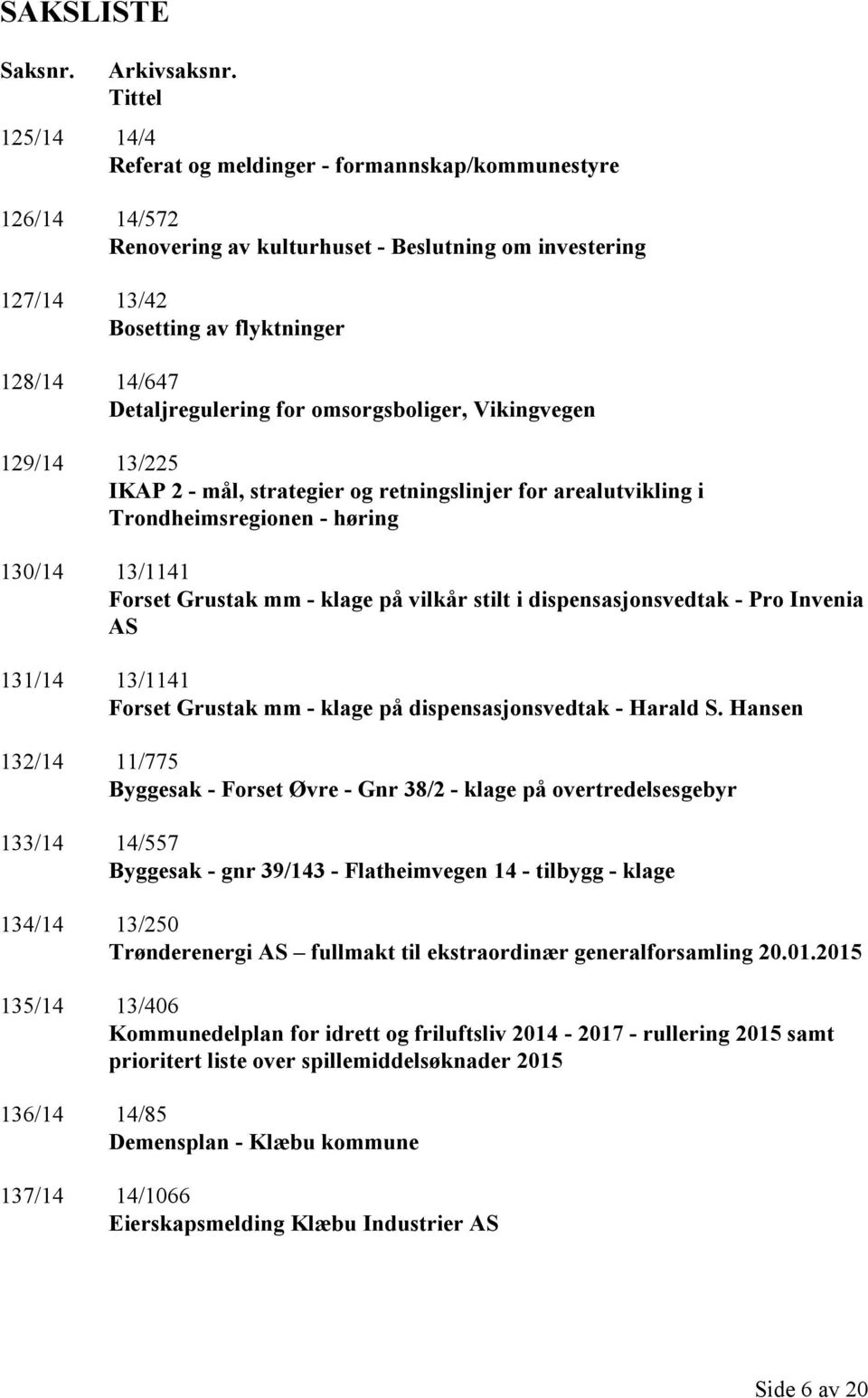 Detaljregulering for omsorgsboliger, Vikingvegen 129/14 13/225 IKAP 2 - mål, strategier og retningslinjer for arealutvikling i Trondheimsregionen - høring 130/14 13/1141 Forset Grustak mm - klage på