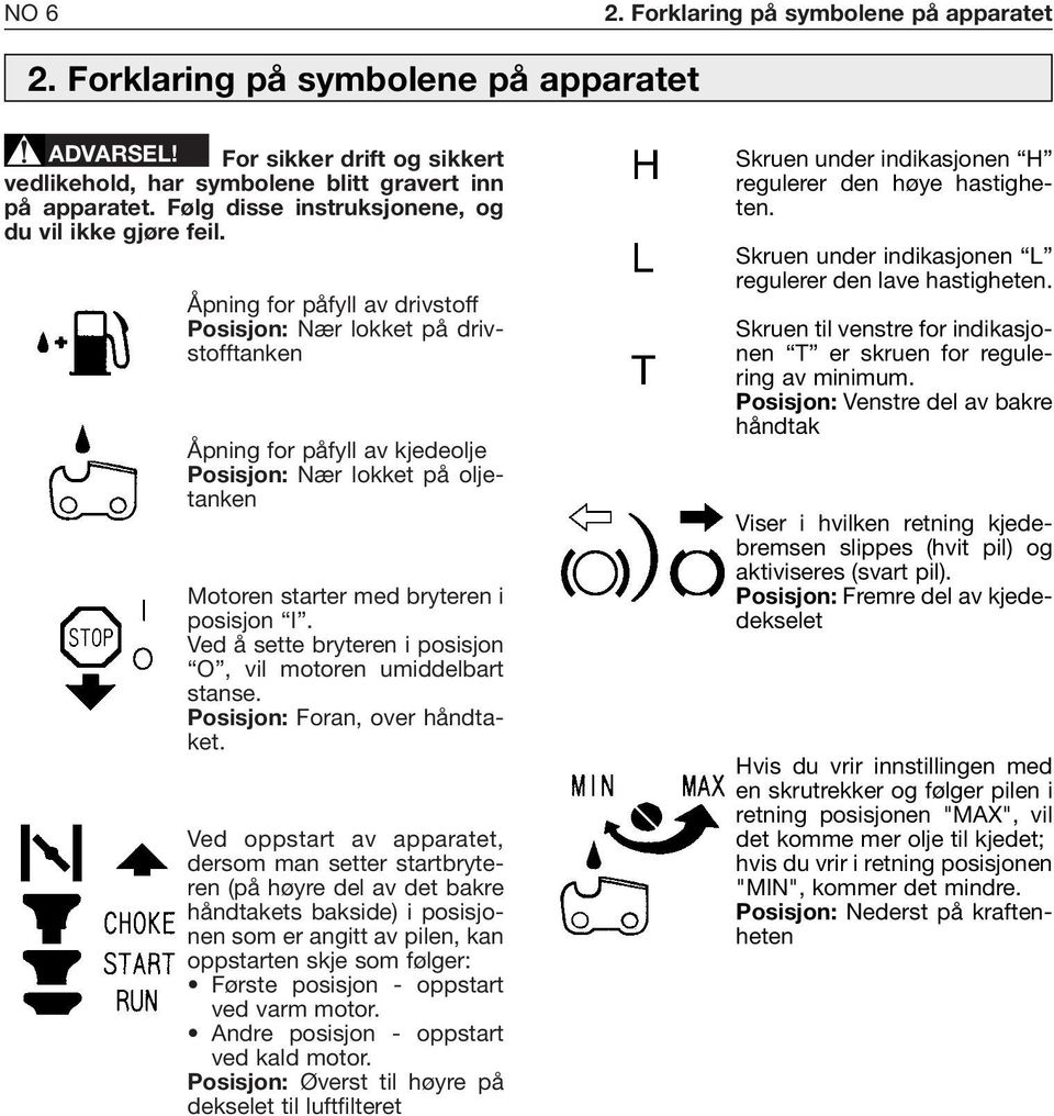 Åpning for påfyll av drivstoff Posisjon: Nær lokket på drivstofftanken Åpning for påfyll av kjedeolje Posisjon: Nær lokket på oljetanken Motoren starter med bryteren i posisjon I.