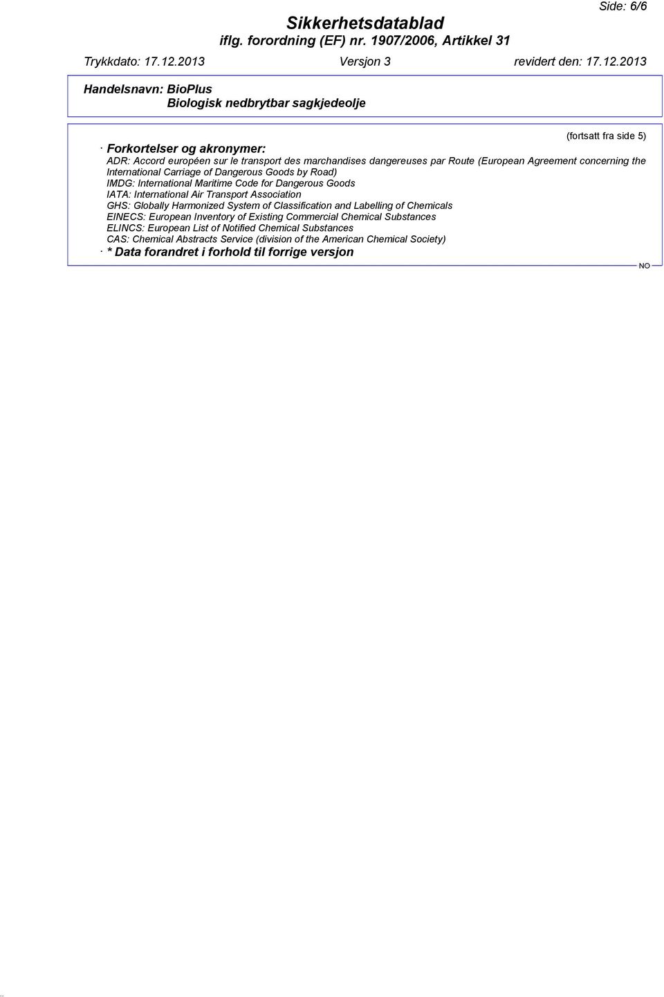 Association GHS: Globally Harmonized System of Classification and Labelling of Chemicals EINECS: European Inventory of Existing Commercial Chemical Substances