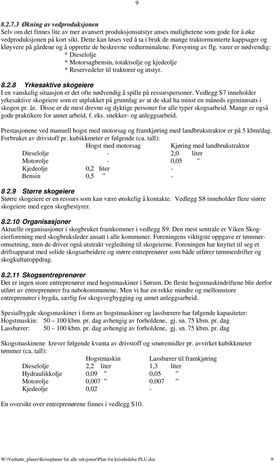 varer er nødvendig: * Dieselolje * Motorsagbensin, totaktsolje og kjedeolje * Reservedeler til traktorer og utstyr. 8.2.