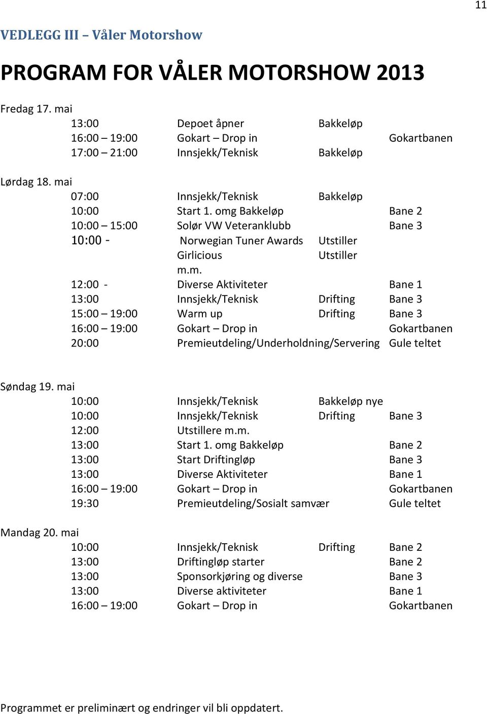 Aktiviteter Bane 1 13:00 Innsjekk/Teknisk Drifting Bane 3 15:00 19:00 Warm up Drifting Bane 3 16:00 19:00 Gokart Drop in Gokartbanen 20:00 Premieutdeling/Underholdning/Servering Gule teltet Søndag 19.