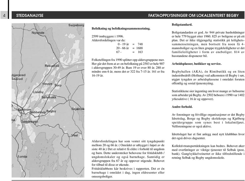 Her går det frem at av en befolkning på 2583 er hele 907 i aldersgruppen 30-49 år. Bare 19 er over 80 år. 288 er mindre enn 6 år, mens det er 322 fra 7-15 år. 161 er fra 16-19 år. Boligstandard.