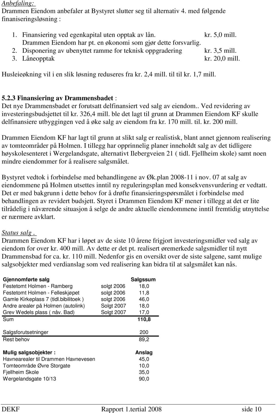 Husleieøkning vil i en slik løsning reduseres fra kr. 2,4 mill. til til kr. 1,7 mill. 5.2.3 Finansiering av Drammensbadet : Det nye Drammensbadet er forutsatt delfinansiert ved salg av eiendom.