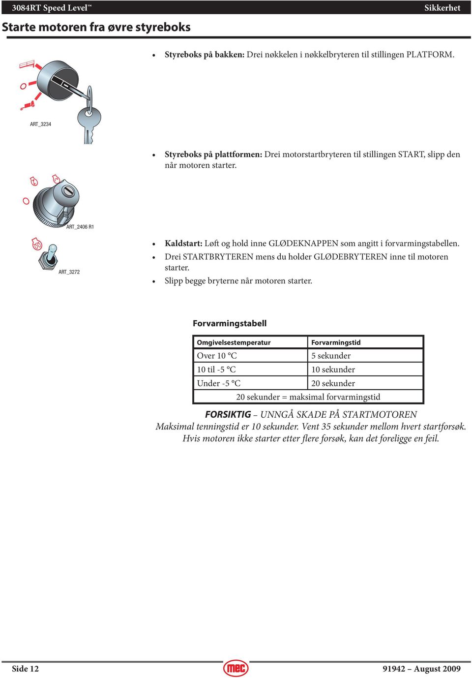 ART_2406 R1 ART_3272 Kaldstart: Løft og hold inne GLØDEKNAPPEN som angitt i forvarmingstabellen. Drei STARTBRYTEREN mens du holder GLØDEBRYTEREN inne til motoren starter.