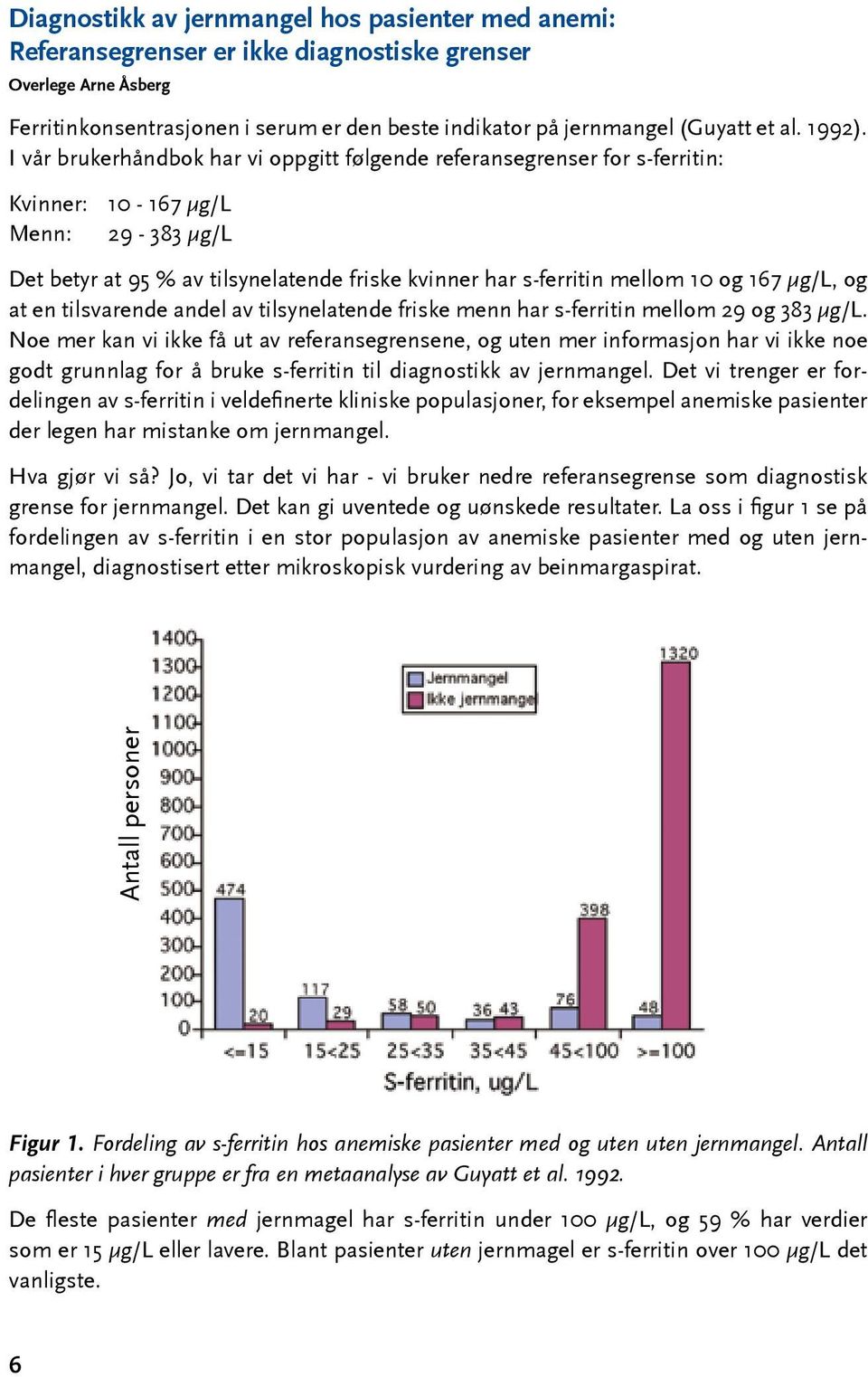 I vår brukerhåndbok har vi oppgitt følgende referansegrenser for s-ferritin: Kvinner: 10-167 µg/l Menn: 29-383 µg/l Det betyr at 95 % av tilsynelatende friske kvinner har s-ferritin mellom 10 og 167