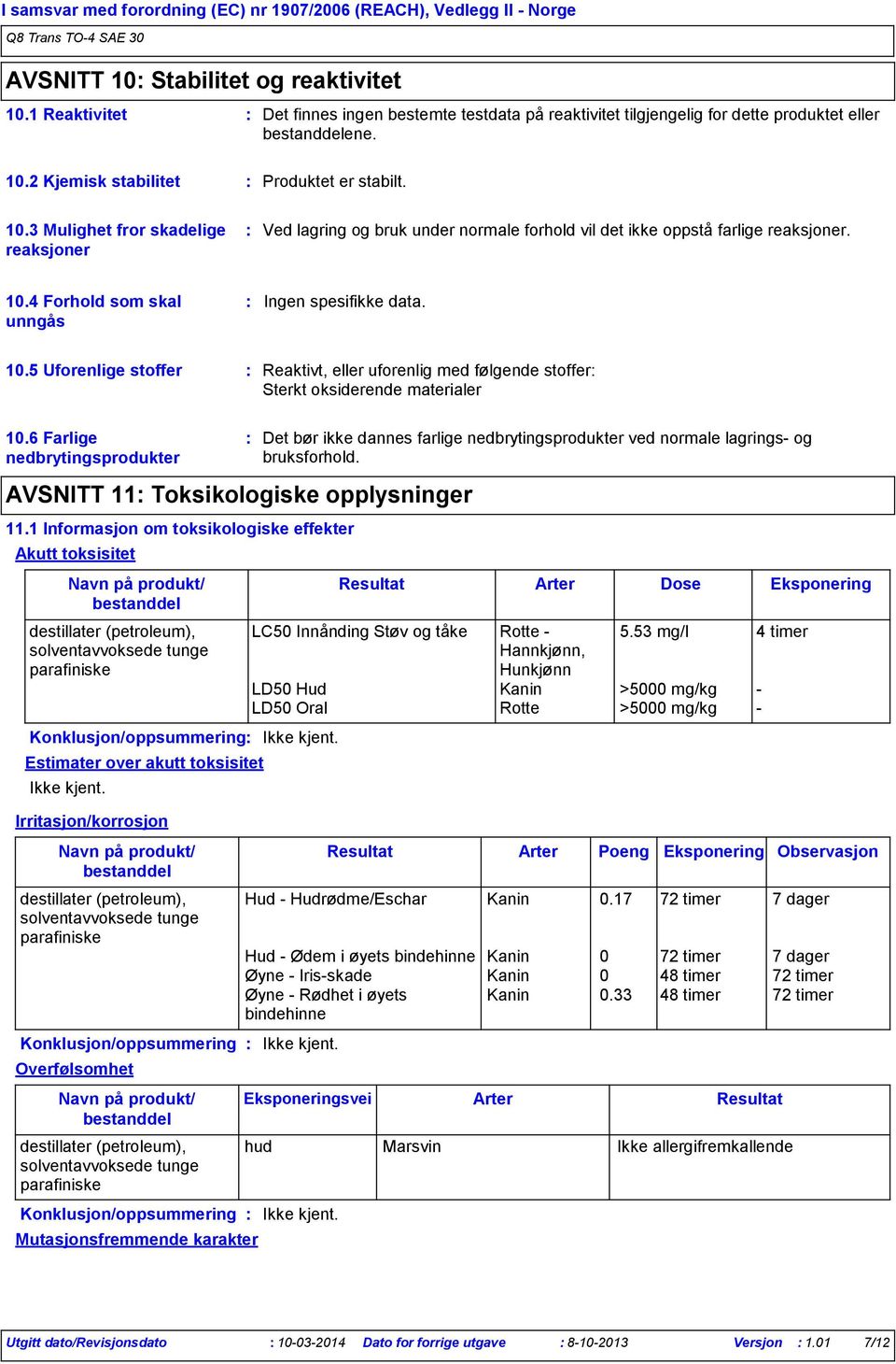 2 Kjemisk stabilitet Produktet er stabilt. 10.3 Mulighet fror skadelige reaksjoner Ved lagring og bruk under normale forhold vil det ikke oppstå farlige reaksjoner. 10.4 Forhold som skal unngås Ingen spesifikke data.