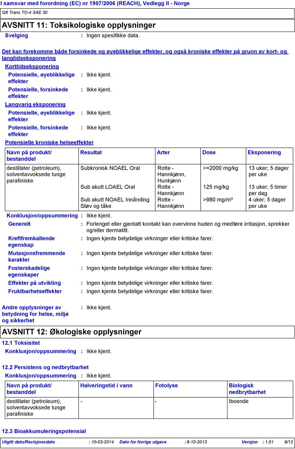 forsinkede effekter Langvarig eksponering Potensielle, øyeblikkelige effekter Potensielle, forsinkede effekter Potensielle kroniske helseeffekter Konklusjon/oppsummering Generelt Kreftfremkallende