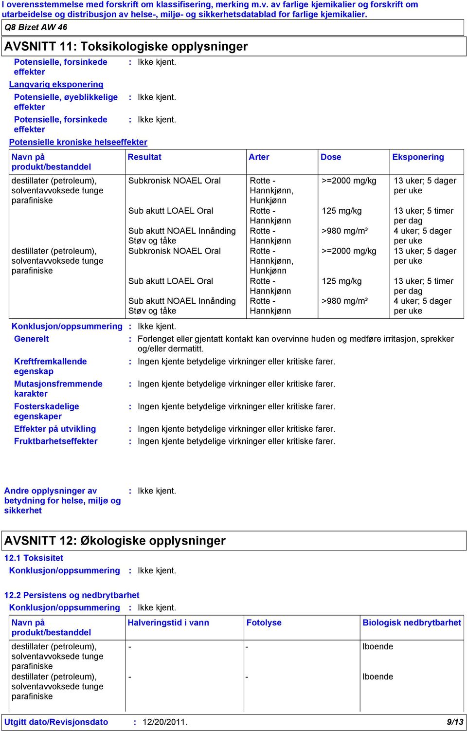 Konklusjon/oppsummering Generelt Kreftfremkallende egenskap Mutasjonsfremmende karakter Fosterskadelige egenskaper Effekter på utvikling Fruktbarhetseffekter Resultat Arter Dose Eksponering