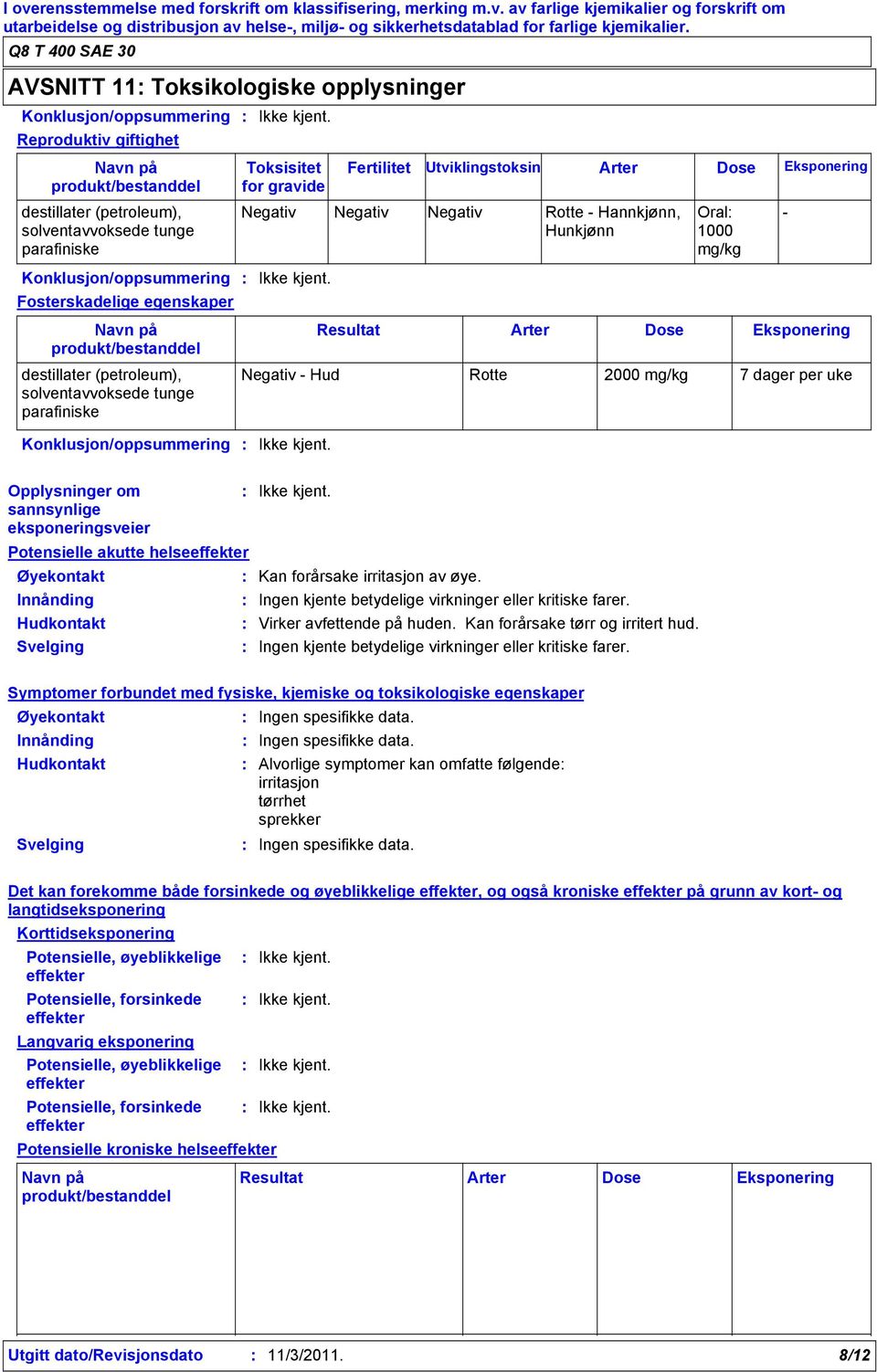 Fosterskadelige egenskaper Resultat Arter Dose Eksponering Negativ Hud Rotte 2000 mg/kg 7 dager per uke Konklusjon/oppsummering Ikke kjent. Opplysninger om Ikke kjent.