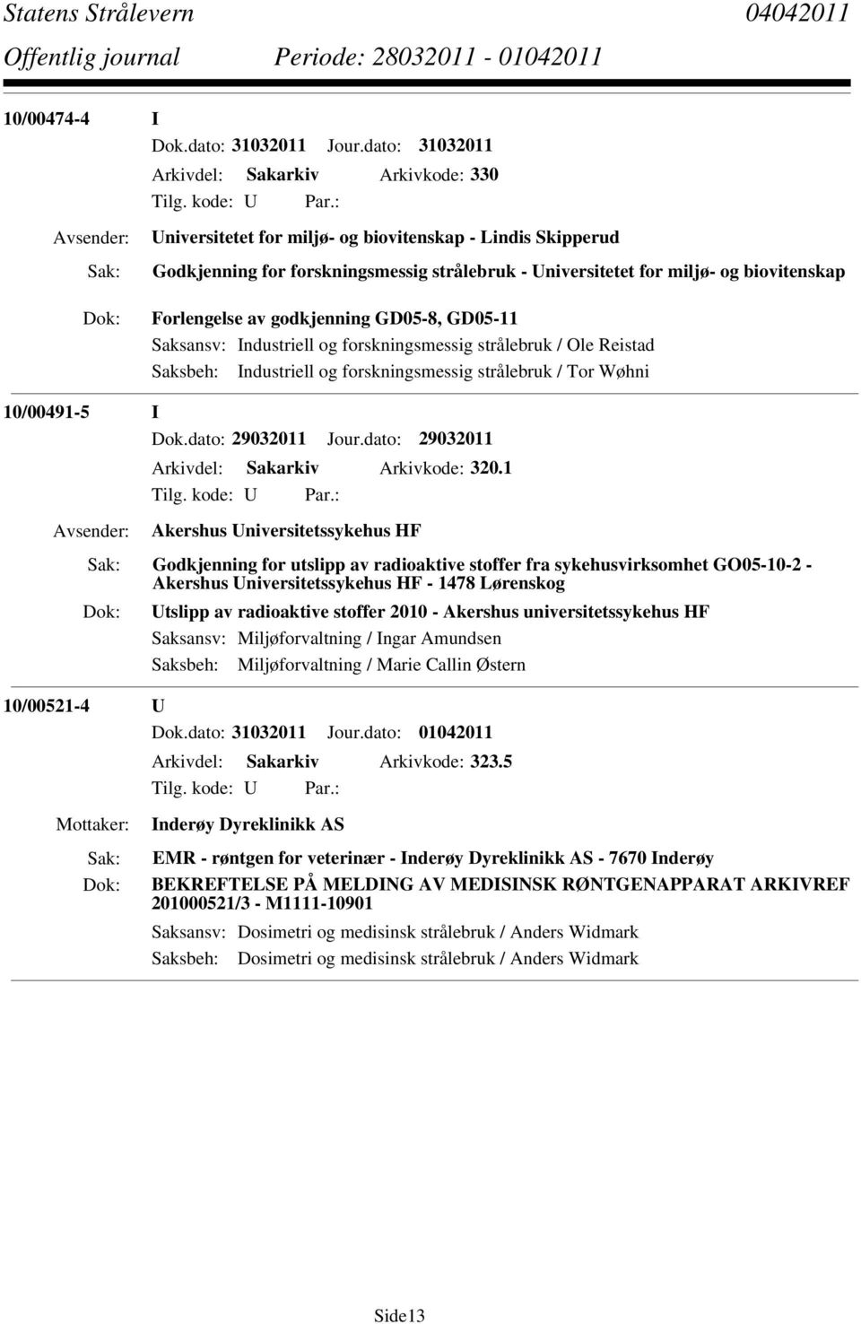 GD05-11 Saksansv: Industriell og forskningsmessig strålebruk / Ole Reistad Saksbeh: Industriell og forskningsmessig strålebruk / Tor Wøhni 10/00491-5 I Dok.dato: 29032011 Jour.