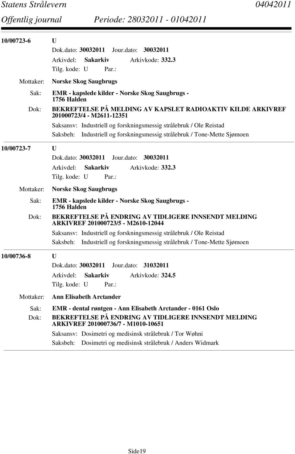 forskningsmessig strålebruk / Ole Reistad Saksbeh: Industriell og forskningsmessig strålebruk / Tone-Mette Sjømoen 10/00723-7 U Dok.dato: 30032011 Jour.