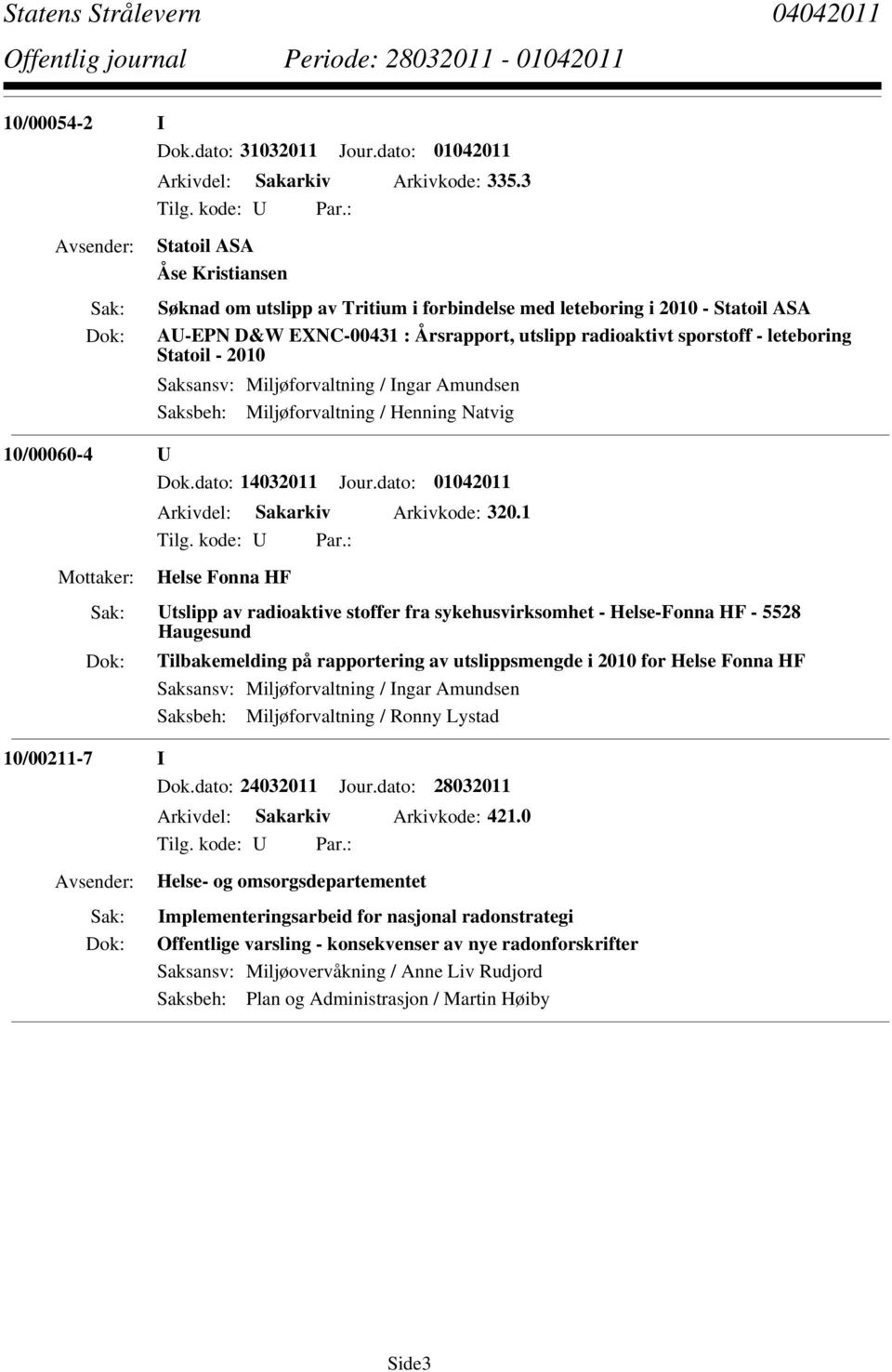 2010 Saksansv: Miljøforvaltning / Ingar Amundsen Saksbeh: Miljøforvaltning / Henning Natvig 10/00060-4 U Dok.dato: 14032011 Jour.dato: 01042011 Arkivdel: Sakarkiv Arkivkode: 320.