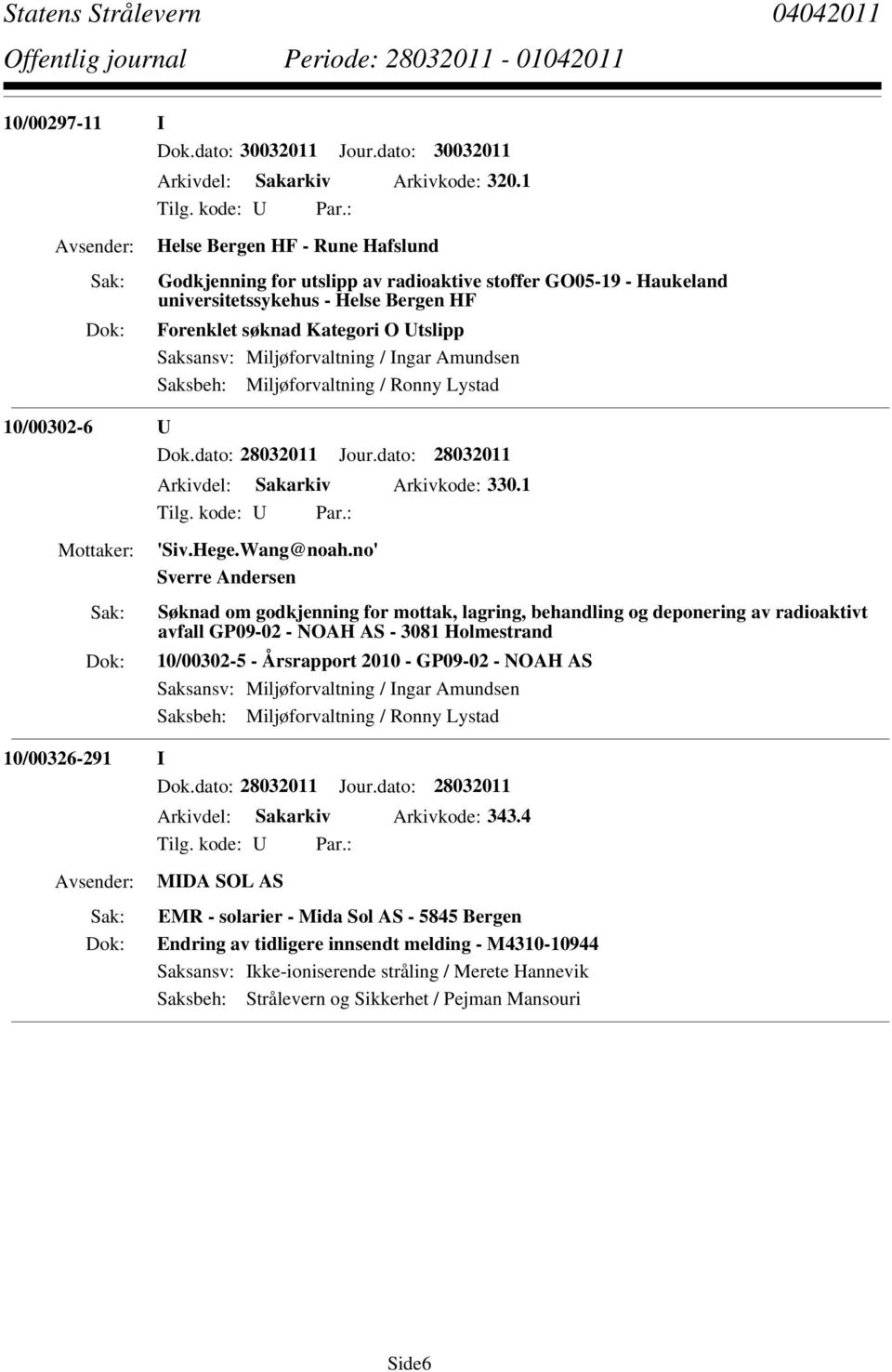 Miljøforvaltning / Ingar Amundsen Saksbeh: Miljøforvaltning / Ronny Lystad 10/00302-6 U Dok.dato: 28032011 Jour.dato: 28032011.1 'Siv.Hege.Wang@noah.