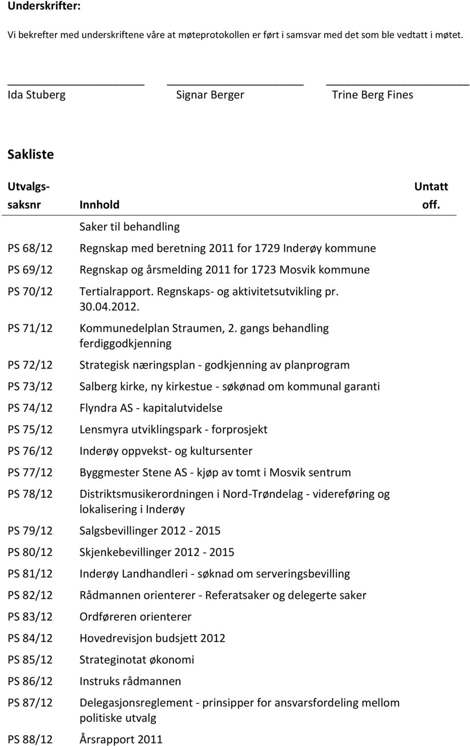 Regnskap med beretning 2011 for 1729 Inderøy kommune Regnskap og årsmelding 2011 for 1723 Mosvik kommune Tertialrapport. Regnskaps- og aktivitetsutvikling pr. 30.04.2012. Kommunedelplan Straumen, 2.