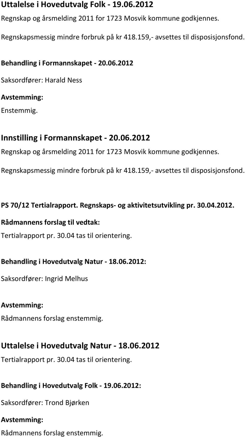 Regnskapsmessig mindre forbruk på kr 418.159,- avsettes til disposisjonsfond. PS 70/12 Tertialrapport. Regnskaps- og aktivitetsutvikling pr. 30.04.2012.