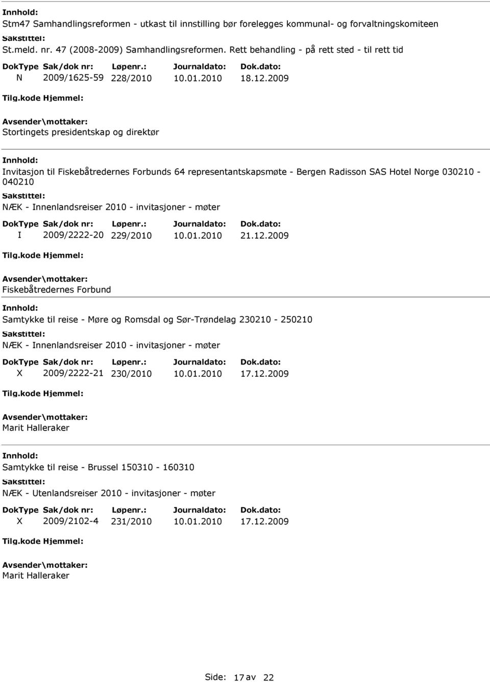 2009 Stortingets presidentskap og direktør nvitasjon til Fiskebåtredernes Forbunds 64 representantskapsmøte - Bergen Radisson SAS Hotel Norge 030210-040210 NÆK - nnenlandsreiser 2010 - invitasjoner -