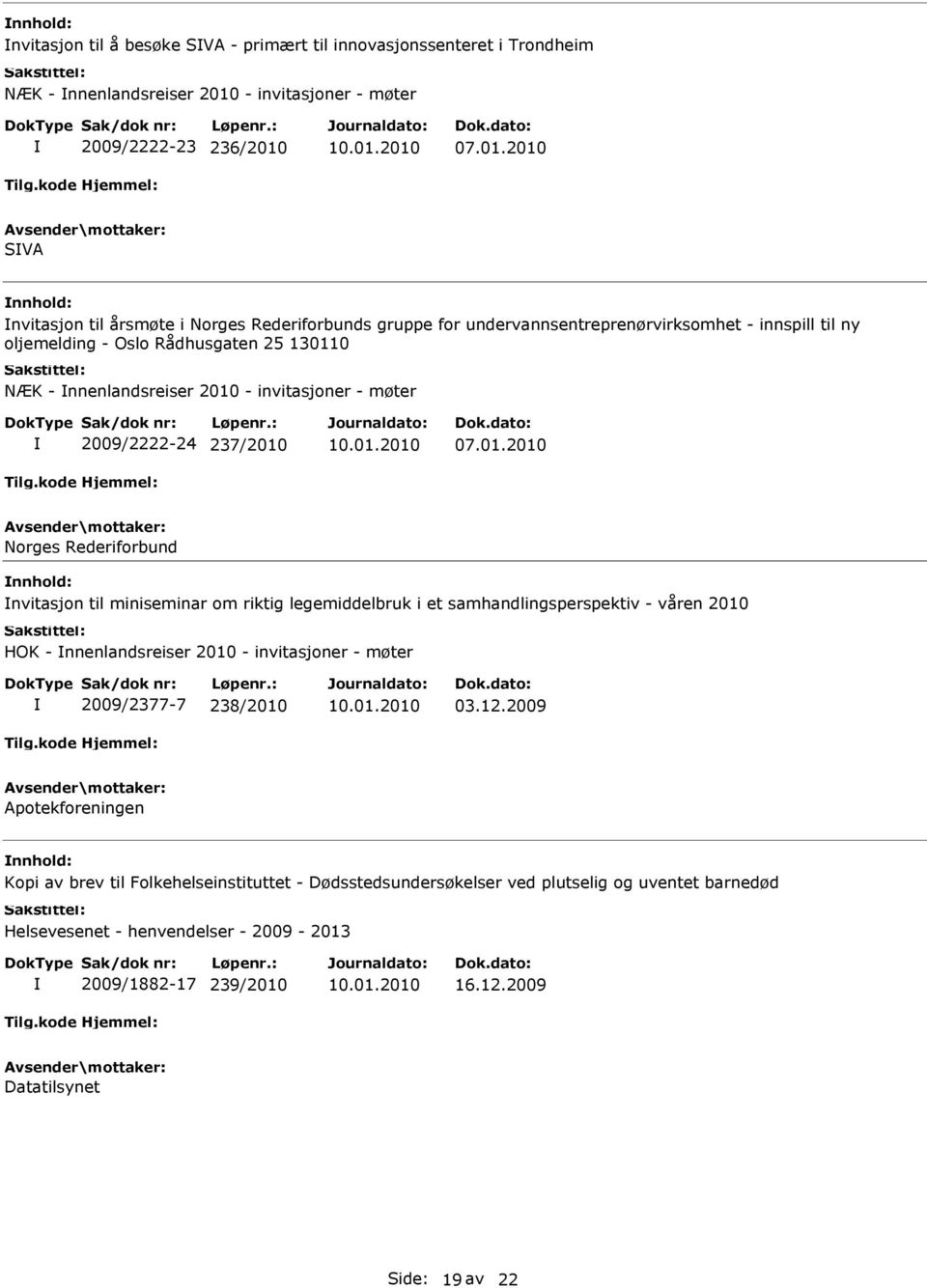 nvitasjon til miniseminar om riktig legemiddelbruk i et samhandlingsperspektiv - våren 2010 HOK - nnenlandsreiser 2010 - invitasjoner - møter 2009/2377-7 238/2010 03.12.