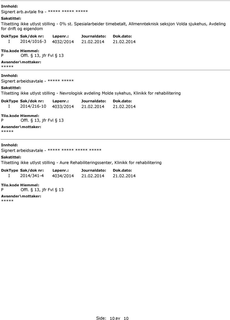 13, jfr Fvl 13 nnhold: Signert arbeidsavtale - Tilsetting ikke utlyst stilling - Nevrologisk avdeling Molde sykehus, Klinikk for