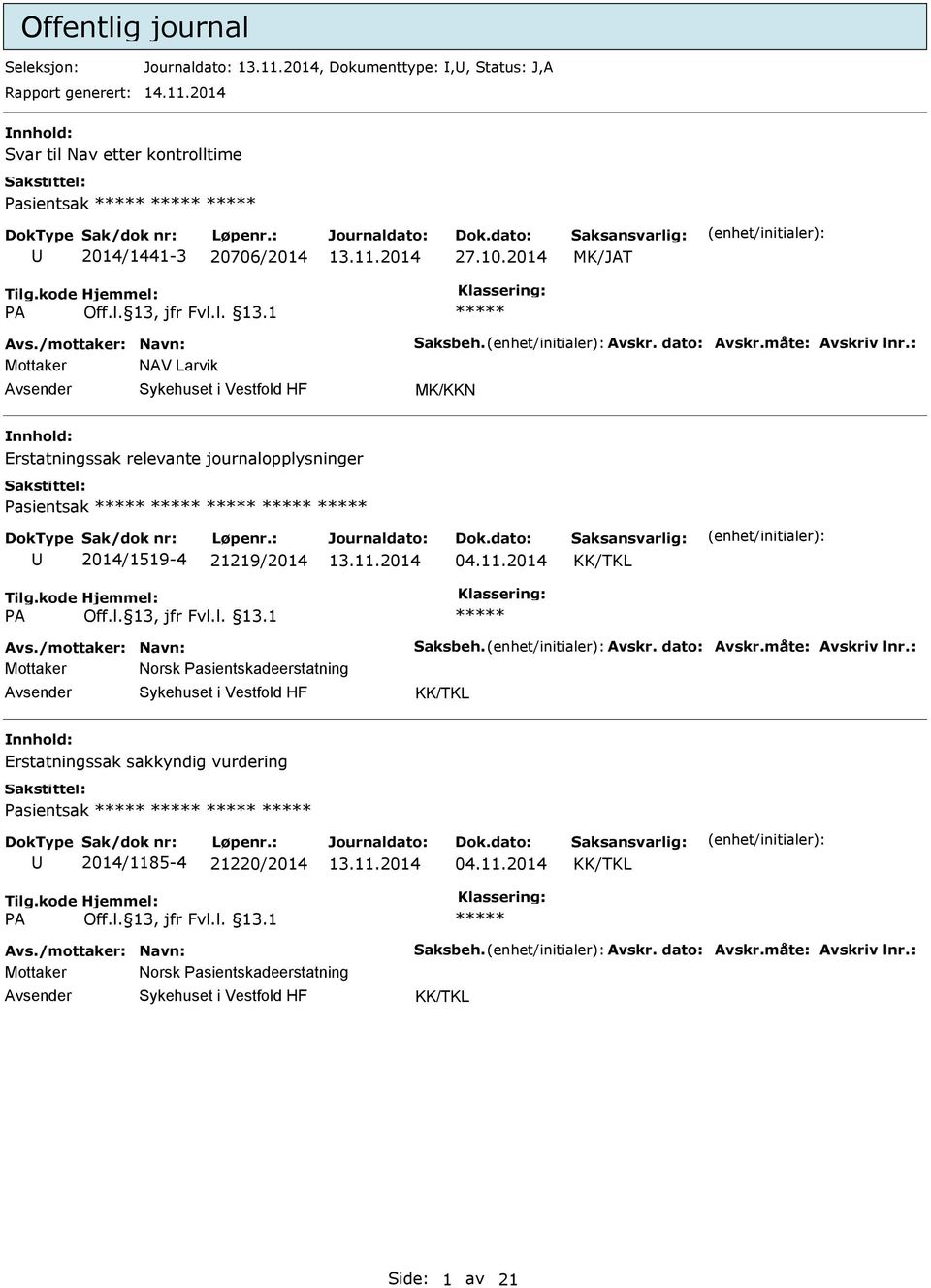 : Mottaker NAV Larvik MK/KKN Erstatningssak relevante journalopplysninger Pasientsak 2014/1519-4 21219/2014 04.11.2014 Avs./mottaker: Navn: Saksbeh. Avskr.