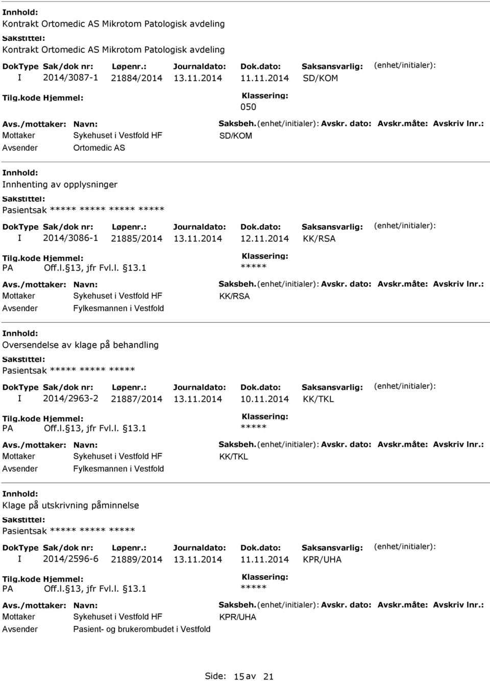 /mottaker: Navn: Saksbeh. Avskr. dato: Avskr.måte: Avskriv lnr.: Fylkesmannen i Vestfold Klage på utskrivning påminnelse Pasientsak 2014/2596-6 21889/2014 11.11.2014 KPR/HA Avs.