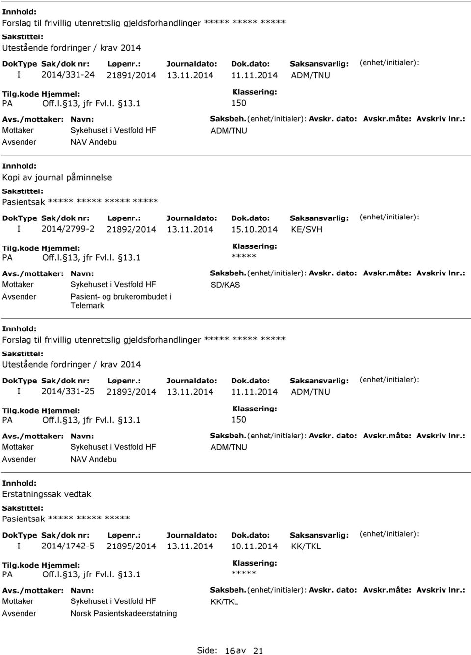 : SD/KAS Pasient- og brukerombudet i Telemark Forslag til frivillig utenrettslig gjeldsforhandlinger testående fordringer / krav 2014 2014/331-25 21893/2014 11.11.2014 ADM/TN 150 Avs.