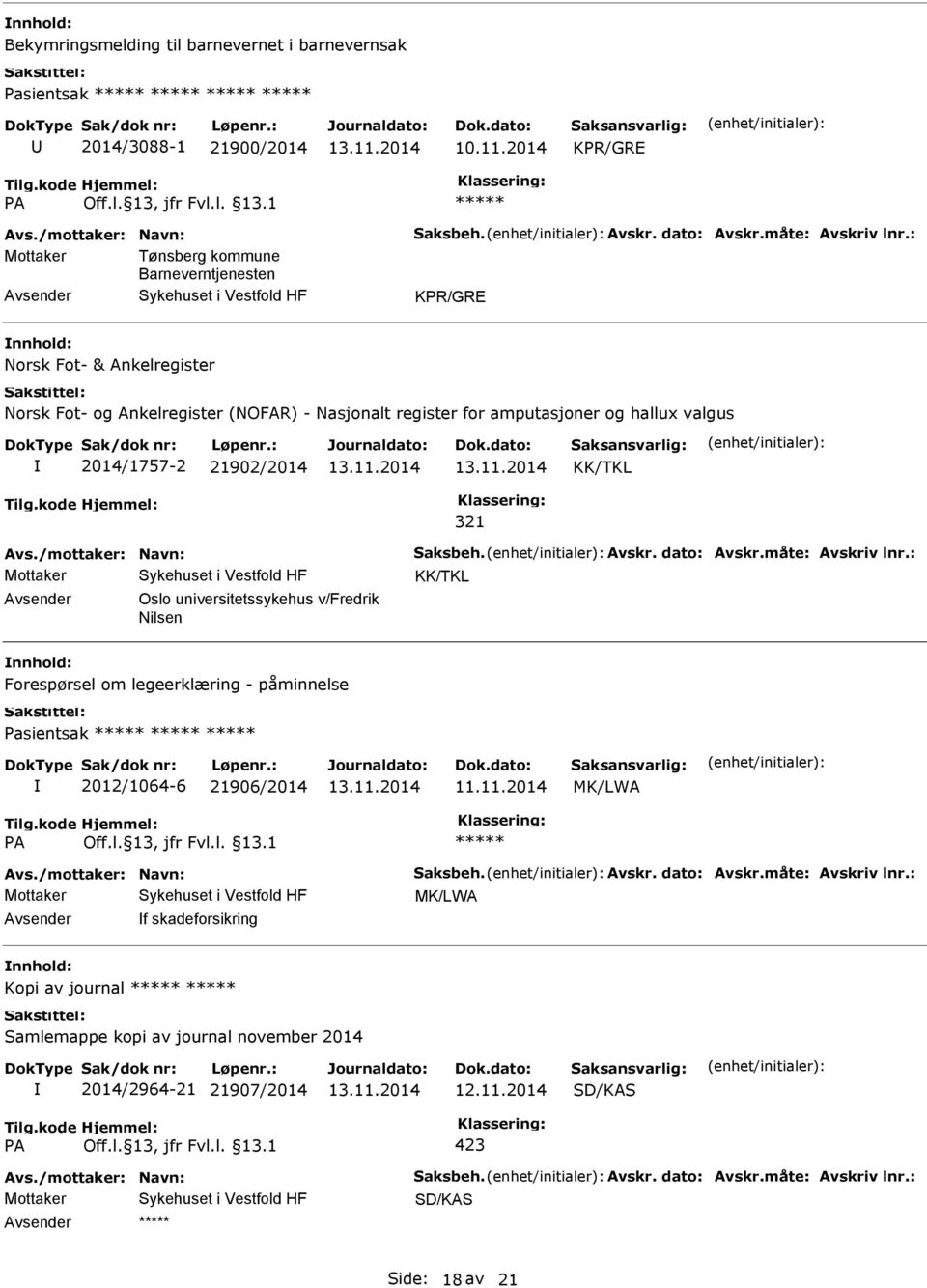 Avs./mottaker: Navn: Saksbeh. Avskr. dato: Avskr.måte: Avskriv lnr.: Oslo universitetssykehus v/fredrik Nilsen Forespørsel om legeerklæring - påminnelse Pasientsak 2012/1064-6 21906/2014 11.