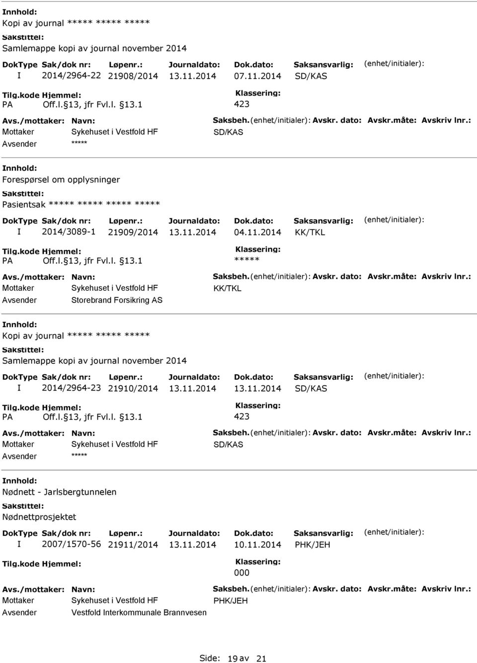 : Storebrand Forsikring AS Kopi av journal Samlemappe kopi av journal november 2014 2014/2964-23 21910/2014 SD/KAS 423 Avs./mottaker: Navn: Saksbeh. Avskr. dato: Avskr.