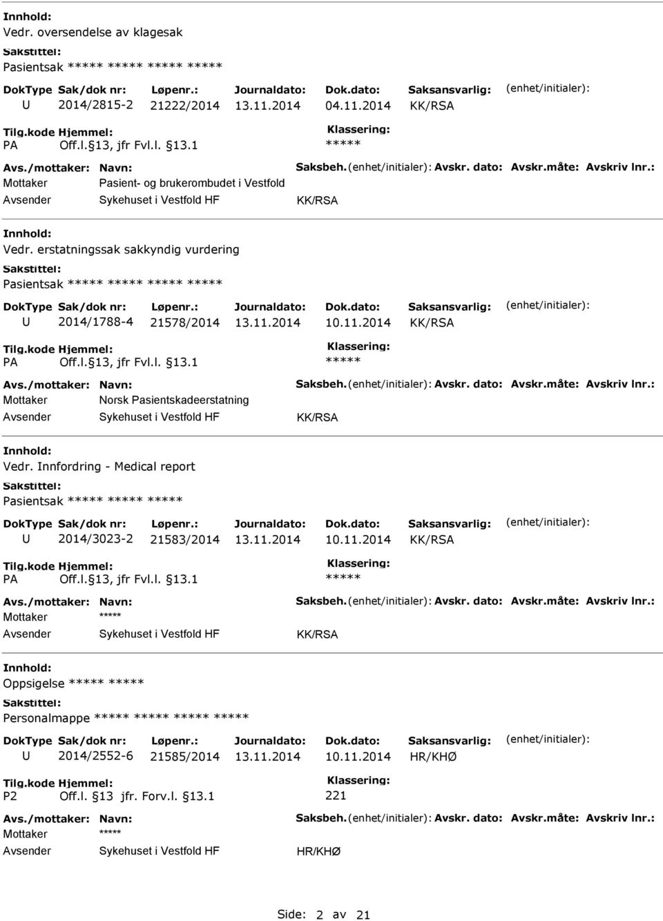 dato: Avskr.måte: Avskriv lnr.: Mottaker Norsk Pasientskadeerstatning Vedr. nnfordring - Medical report Pasientsak 2014/3023-2 21583/2014 Avs.